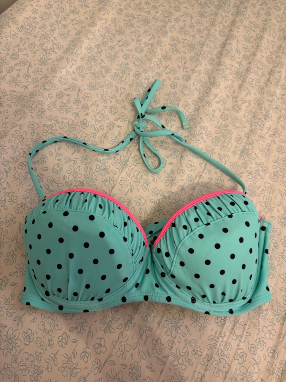 Y2K polka dot push up bikini top blue halter swim medium